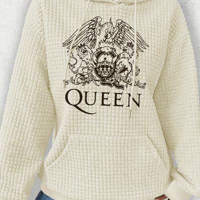 TEMU Queen Print Waffle Hoodie, Drawstring Kangaroo Pocket Casual Hooded Sweatshirt For Fall & Winter, Women's Clothing