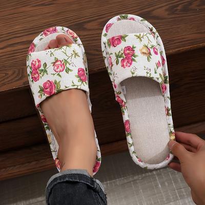 TEMU Rose Linen Slippers - Breathable, Non-slip, Quiet Sole For Indoor Comfort |