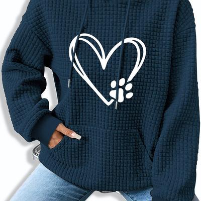 TEMU Heart Print Waffle Kangaroo Pocket Hoodie, Casual Long Sleeve Drawstring Hoodies Sweatshirt, Women's Clothing