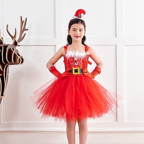 Tenues Tutu Costumes de père noël père Noël Mrs. Claus Noël pour Fille Enfant Noël Nouvel An la veille de Noël Soirée Noël Réveillon du nouvel an Robe accessoire Gants
