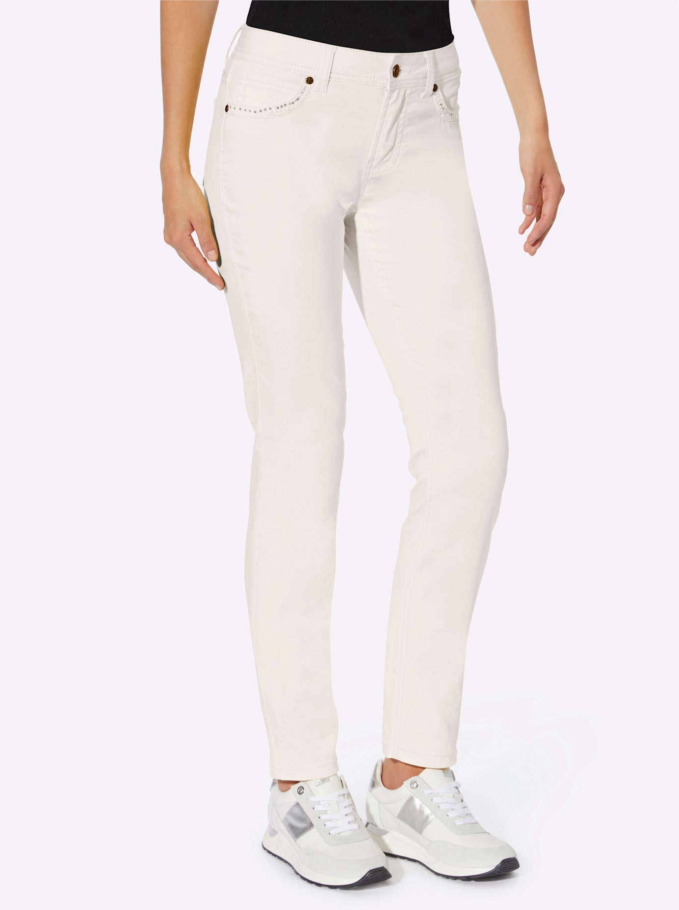 Röhrenjeans HEINE, Damen, Gr. 44, Normalgrößen, beige (ecru), 63% Baumwolle, 35% Lyocell, 2% Elasthan, unifarben, lang, Jeans Image