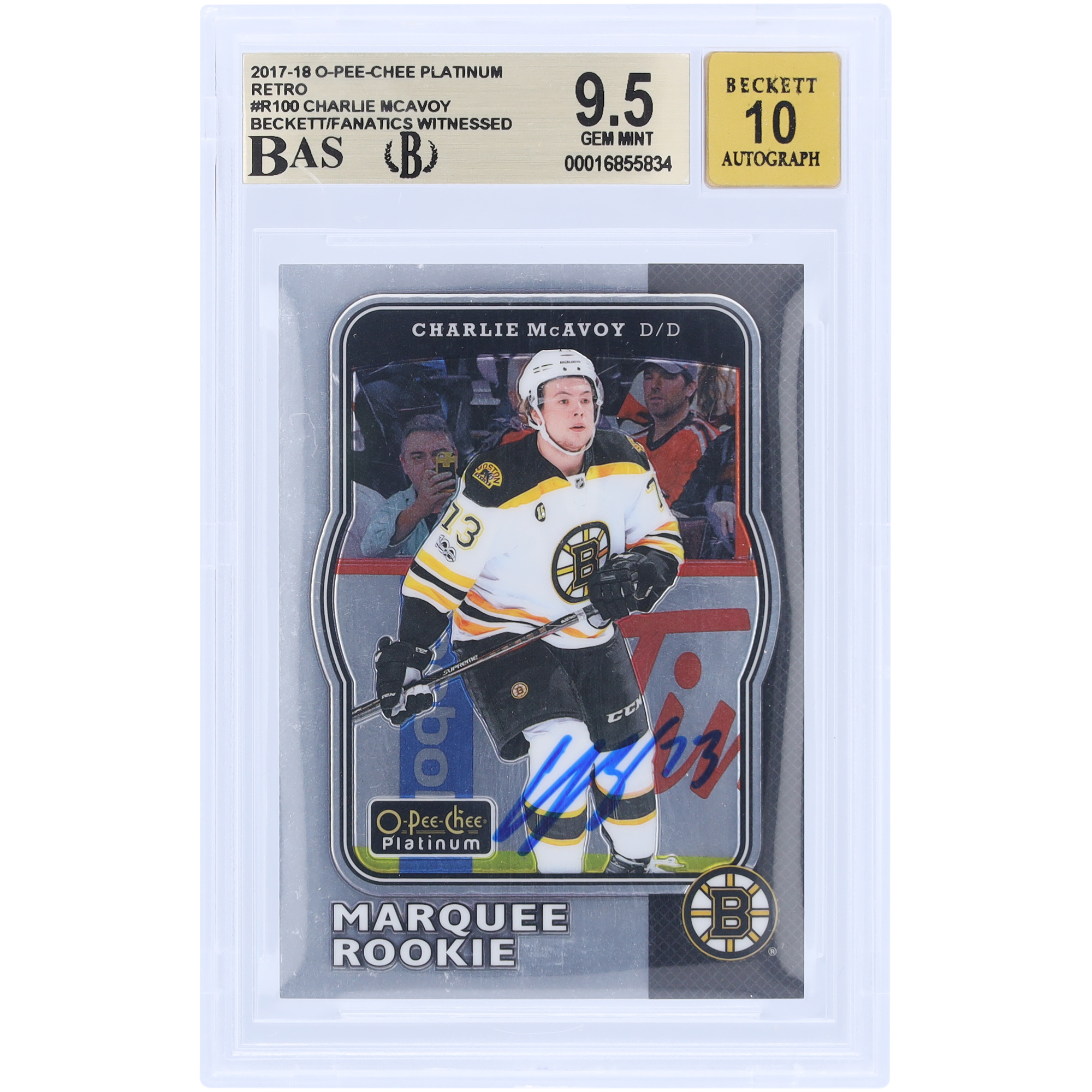 Charlie McAvoy Boston Bruins signierte 2017-18 Upper Deck O-Pee-Chee Platinum Retro #R-100 Beckett Fanatics bezeugte authentifizierte 9,5/10 Rookie-Karte Image