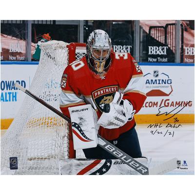 Signiertes Torwartfoto der Florida Panthers von Spencer Knight, 16 x 20 Zoll, mit der Aufschrift „NHL-Debüt 20.04.21“ Image