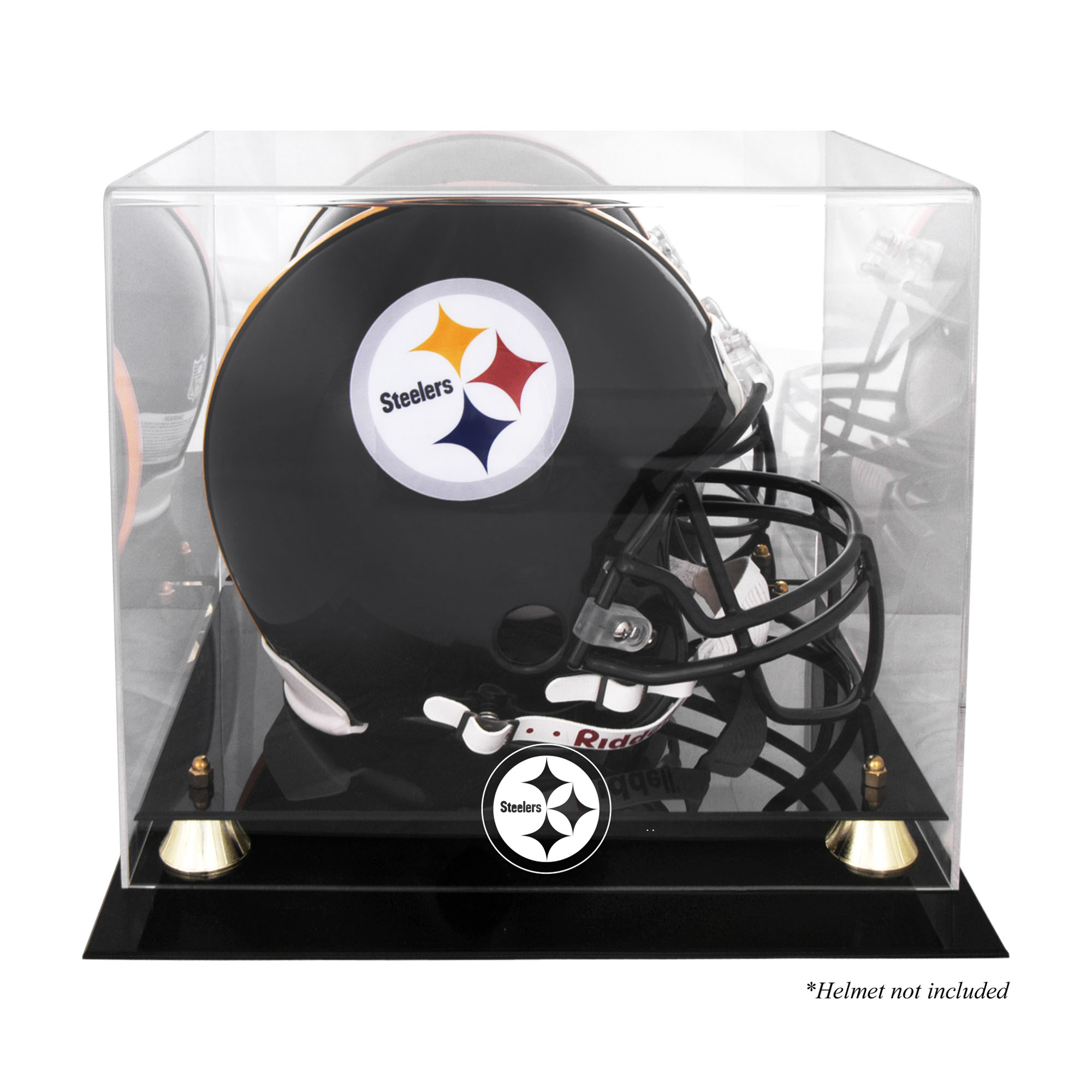 Vitrine für den goldenen klassischen Helm der Pittsburgh Steelers mit verspiegelter Rückseite Image