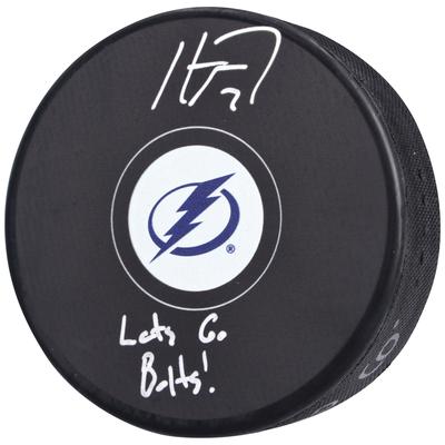 Haydn Fleury Tampa Bay Lightning signierter Hockeypuck mit „Lets Go Bolts!“-Aufschrift Image
