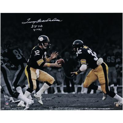 Von Terry Bradshaw signiertes Hand-Off-Foto der Pittsburgh Steelers, 16 x 20 Zoll, mit der Aufschrift „318 YDS, 4 TD‘s“ Image