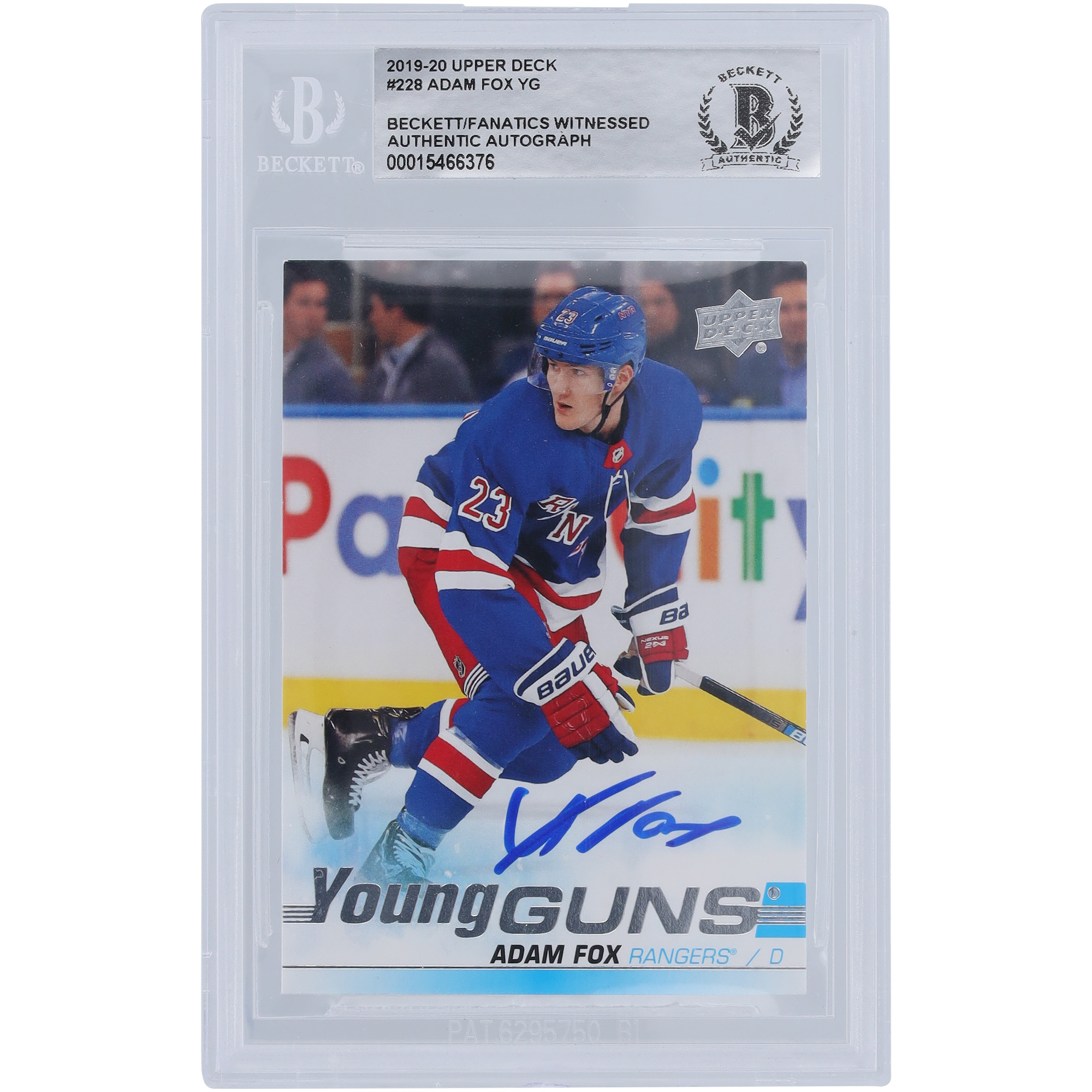 Adam Fox, New York Rangers, signierte 2019–20 Upper Deck Series 1 Young Guns #228, Beckett Fanatics bezeugte authentifizierte Rookie-Karte Image