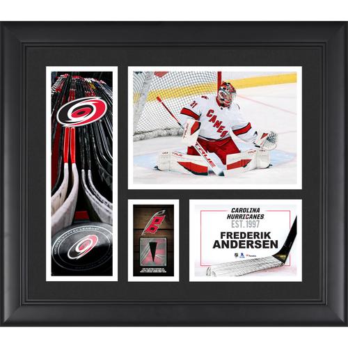 Gerahmte Spielercollage der Carolina Hurricanes von Frederik Andersen, 15 x 17 Zoll, mit einem Stück eines beim Spiel verwendeten Pucks