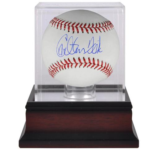 Signierter Baseball von Carlton Fisk, Boston Red Sox, und Mahagoni-Baseball-Vitrine