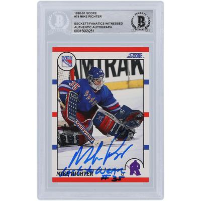 Mike Richter New York Rangers signierte 1990-91 Score #74 Beckett Fanatics bezeugte authentifizierte Rookie-Karte mit "LAST TO WEAR #35" Aufschrift Image