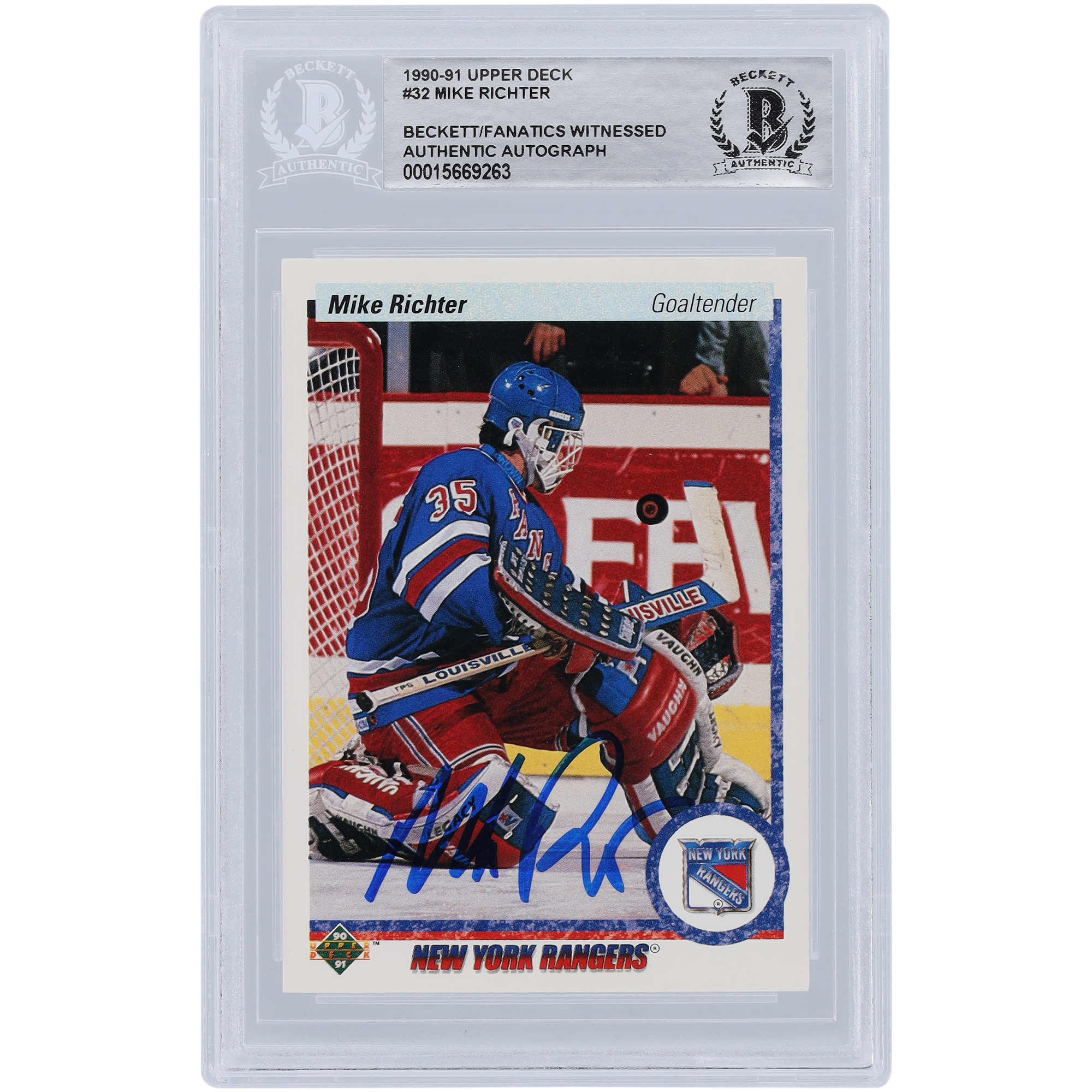 Mike Richter New York Rangers signierte 1990-91 Upper Deck #32 Beckett Fanatics bezeugte authentifizierte Rookie-Karte Image