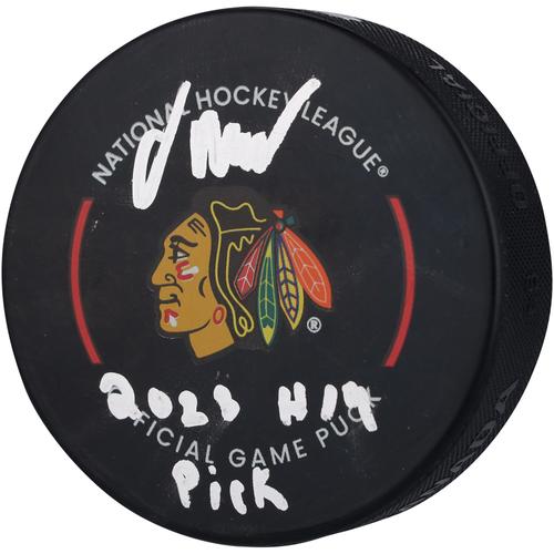 Oliver Moore Chicago Blackhawks - Offizieller Spielpuck mit Autogramm und Aufschrift „2023 #19 Pick“