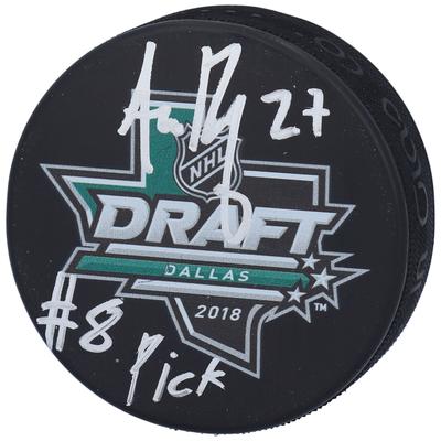 Von Adam Boqvist signierter Hockeypuck mit Logo der Columbus Blue Jackets für den NHL Draft 2018 mit der Aufschrift „#8 Pick“ Image