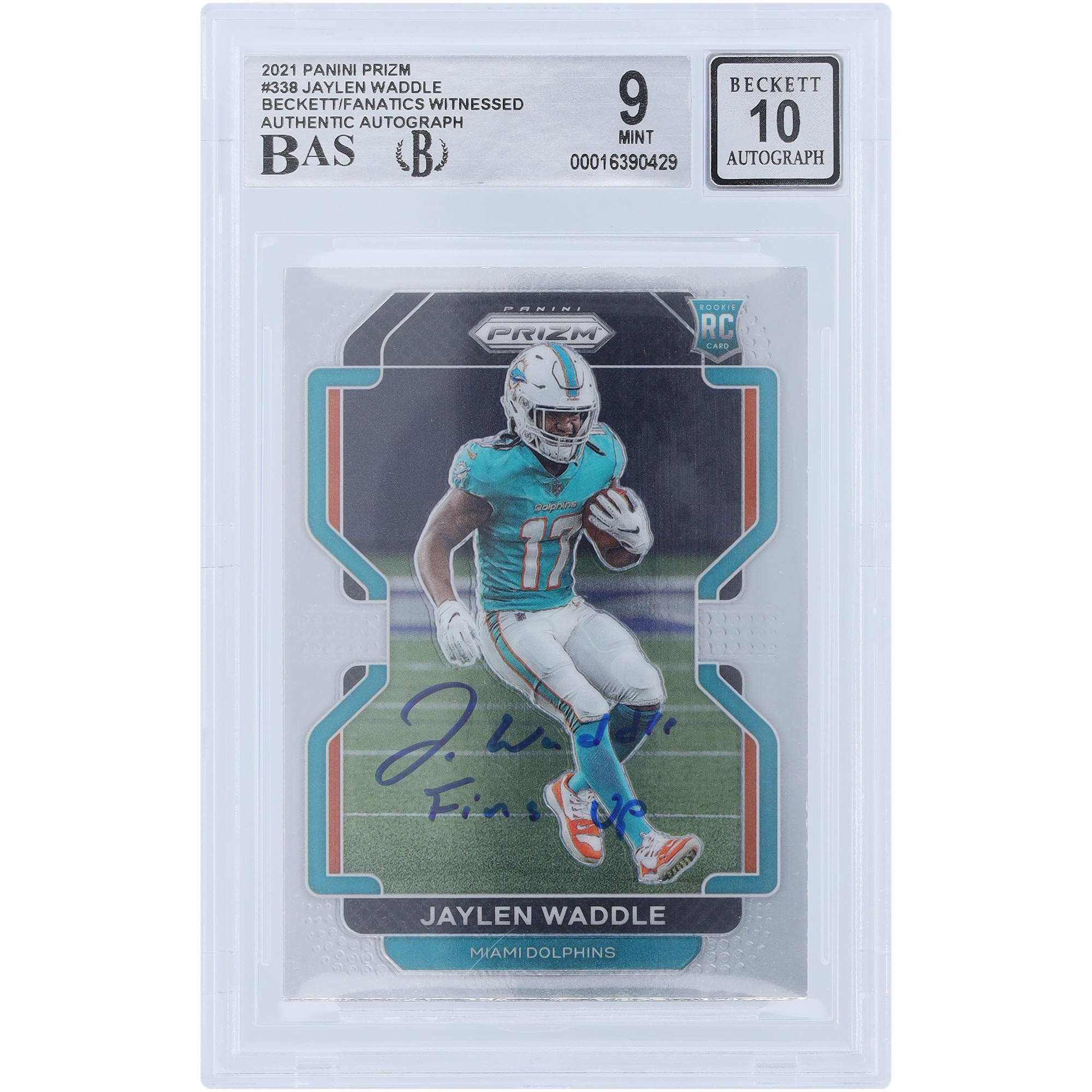 Jaylen Waddle Miami Dolphins signierte 2021 Panini Prizm #338 Beckett Fanatics bezeugte authentifizierte 9/10 Rookie-Karte mit "Fins Up"-Aufschrift Image