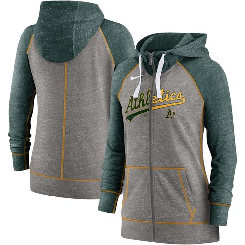 Damen Nike Heather Charcoal/Heather Green Oakland Athletics Split Wordmark Gym Vintage Raglan Leichter Kapuzenpullover mit durchgehendem Reißverschluss