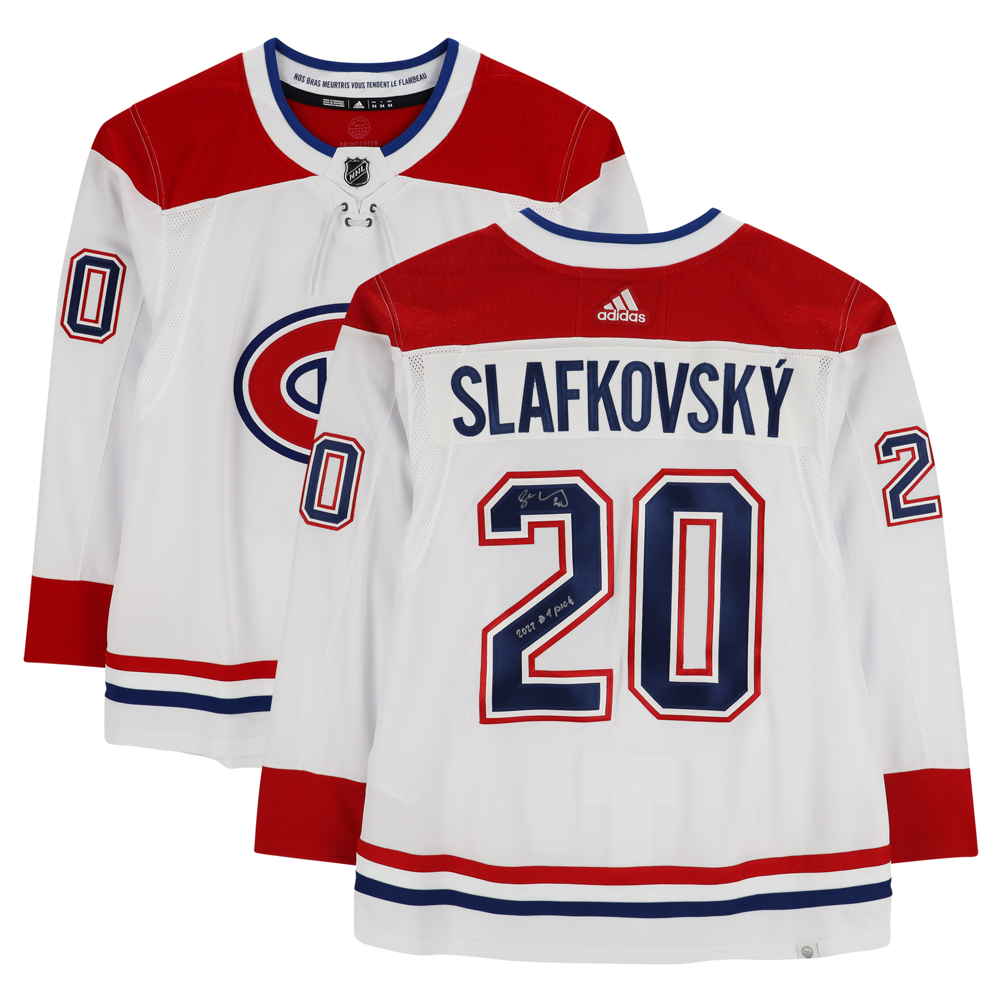 Von Juraj Slafkovsky signiertes weißes Adidas-Authentiktrikot der Montreal Canadiens mit der Aufschrift „2022 #1 Pick“ Image