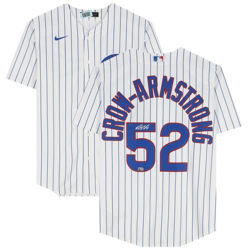 Von Pete Crow-Armstrong signiertes weißes Nike-Nadelstreifen-Replika-Trikot der Chicago Cubs