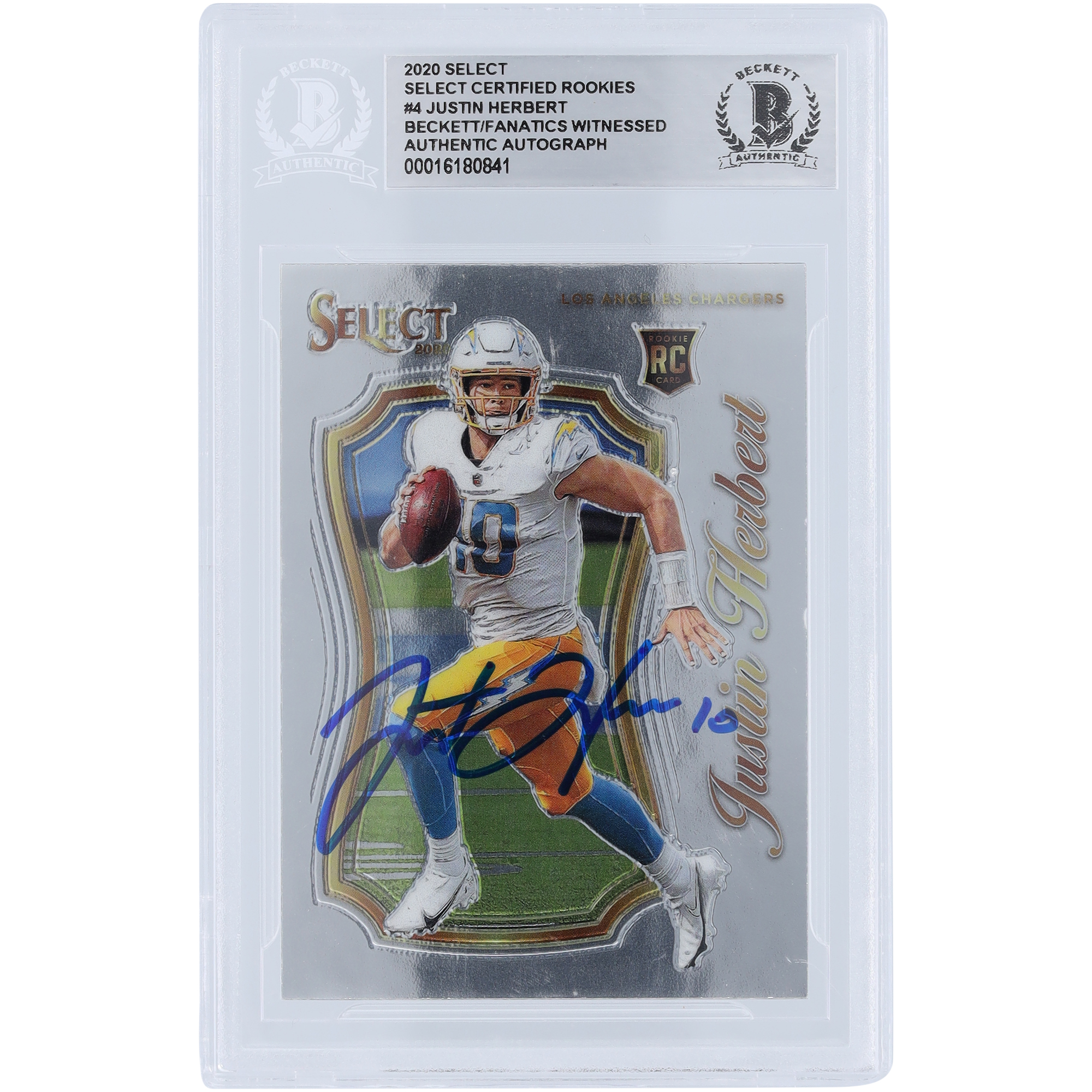 Justin Herbert, Los Angeles Chargers, signierte 2020 Panini Select #SCR-4 Beckett Fanatics, bezeugte authentifizierte Rookie-Karte Image