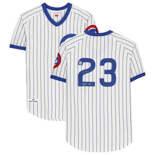 Ryne Sandberg, Chicago Cubs, signiertes weißes Nadelstreifen-Trikot von Mitchell & Ness aus dem Jahr 1987 mit der Aufschrift „HOF 05“