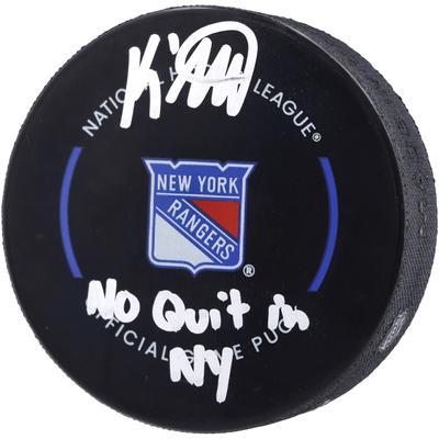 Von K'Andre Miller signierter offizieller Spielpuck der New York Rangers mit der Aufschrift „No Quit in NY“ Image