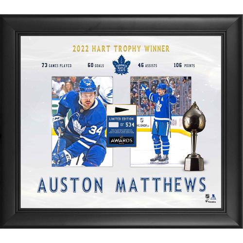 Auston Matthews Toronto Maple Leafs, gerahmt, 15 x 17 Zoll, Gewinner der Hart Trophy 2022, mit einem Stück Spielpuck – limitierte Auflage von 534