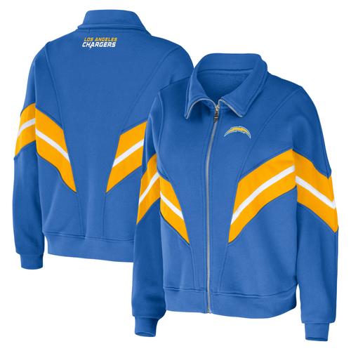 Damenbekleidung von Erin Andrews Puderblaue Los Angeles Chargers Yarn Dye Stripe Full-Zip-Jacke