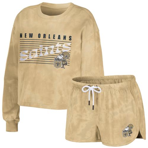 Damenmode von Erin Andrews Gold New Orleans Saints Tie-Dye Cropped Pullover Sweatshirt & Shorts Lounge Set