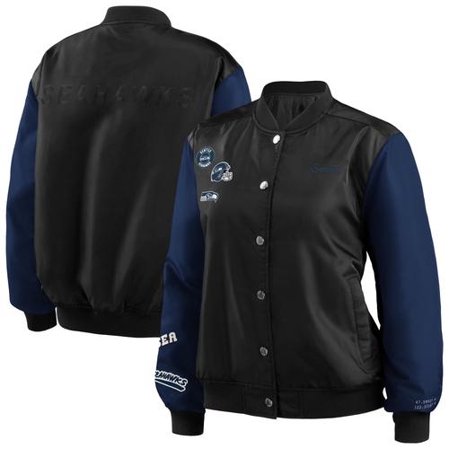 Damenbekleidung von Erin Andrews Schwarze Seattle Seahawks Bomberjacke mit durchgehendem Druckknopfverschluss