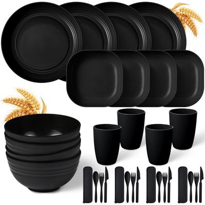 TEMU 32pcs Wheat Straw Dinnerware Sets Unbreakable Plates And Bowls Microwave Safe Plastic Lightweight Knives Forks Spoons For Kitchen Outdoor Camping Party (black)