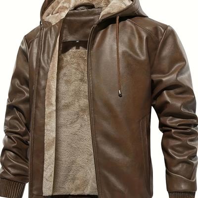 TEMU Men' Color Pu -leather Hooded Jackets, Trendy Thick Jacket For Spring Autumn