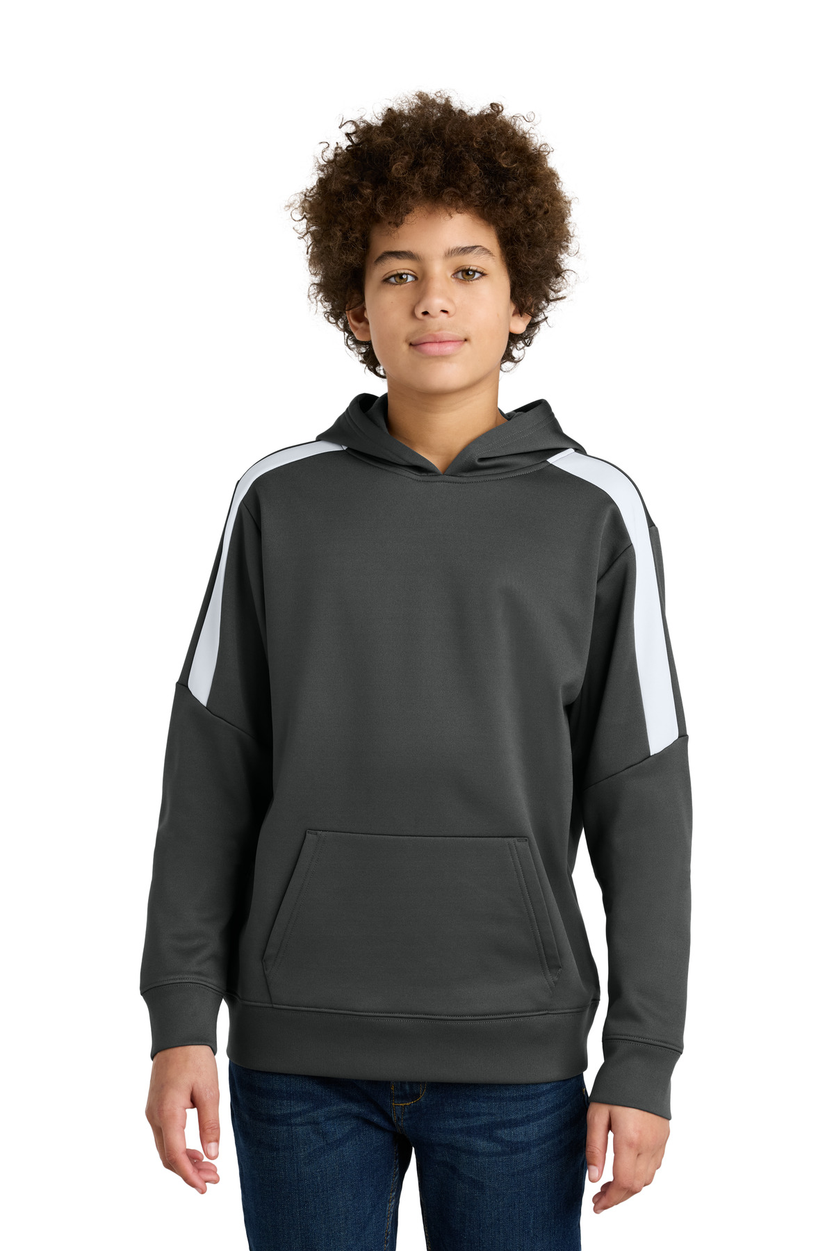 Sport-Tek YST255 Youth Sport-Wick Fleece United Pullover Hoodie in Iron Gray/White size Small | Polyester