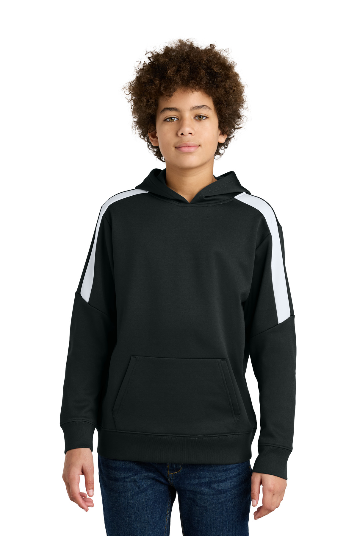 Sport-Tek YST255 Youth Sport-Wick Fleece United Pullover Hoodie in Black/White size Large | Polyester
