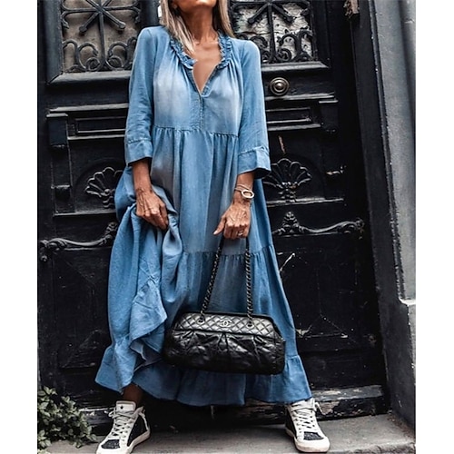 Damen Arbeitskleidung Casual kleid Elegant B¨¹ro Täglich kleid lang Rüsche V Ausschnitt Langarm Glatt Lockere Passform Schwarz Blau Frühling Herbst S M L XL 2XL Image