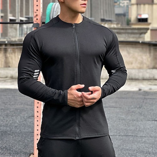 Herren Sportshirt Fitnessshirt Trainingsshirt Gepolstertes Kompressionsshirt Vollreißverschluss Langarm Oberteil Lässig Athleisure Herbst Einfarbig Thermowarm Weich Fitnesstraining Gehen Joggen