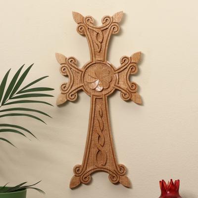 'Light Brown Floral Beech Wood Cross Hand-Carved in Armenia'