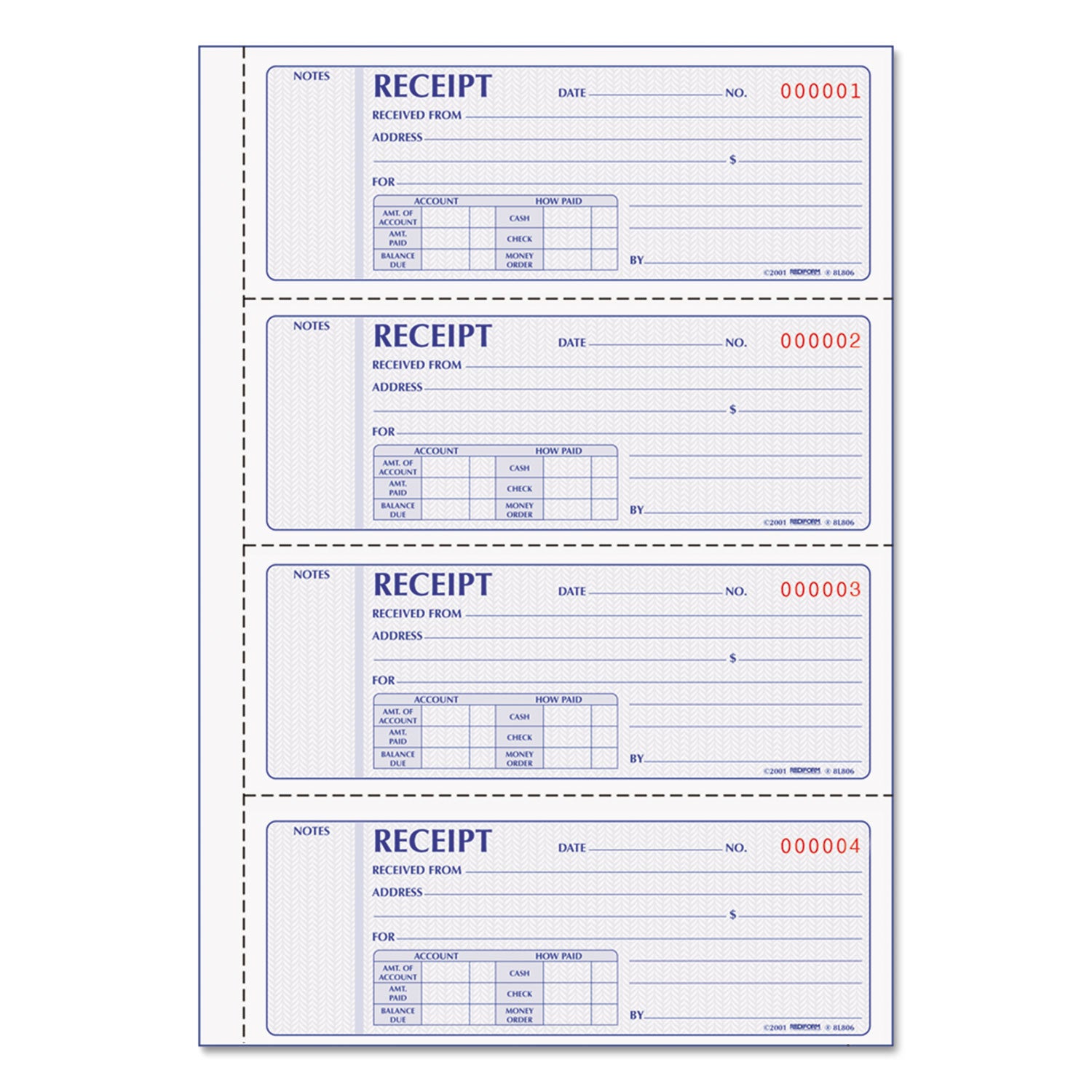 Rediform 8L806 Money Receipt Book, Softcover, Two-Part Carbonless, 7 x 2.75, 4 Forms/Sheet, 200 Forms Total RED8L806