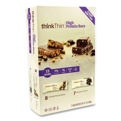 thinkThin® 22000555 High Protein Bars, Brownie Crunch/Chunky Peanut Butter, 2.1 oz Bar, 15 Bars/Carton - Case of 15 GRR22000555