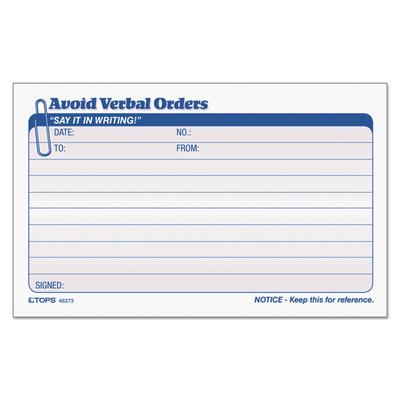 TOPS 46373 Avoid Verbal Orders Manifold Book, Two-Part Carbonless, 6.25 x 4.25, 1/Page, 50 Forms