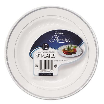 WNA Comet RSM91210WS Masterpiece Plastic Plates, 9 in, White w/Silver Accents, Round, 120/Carton - Case of 120