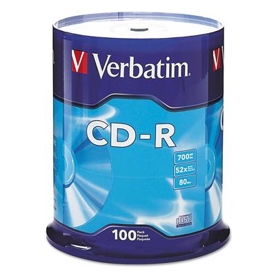 Verbatim 94554 CD-R Discs, 700MB/80min, 52x, Spindle, Silver, 100/Pack - Pack of 100