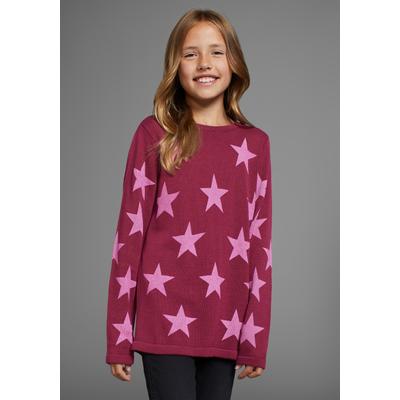 Strickpullover KIDSWORLD "Sterne-Pullover", Mädchen, Gr. 164/170, rot (bordeaux gemustert), Feinstrick, Obermaterial: 50% Baumwolle, 50% Polyacryl, bedruckt, modisch, Basic hüftlang, Rundhals, Langarm, Pullover, mit Sternen - Druck Image