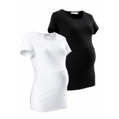Umstandsshirt NEUN MONATE "2er Pack T-Shirts für Schwangerschaft und Stillzeit", Damen, Gr. 44/46, schwarz (schwarz, weiß), Jersey, Obermaterial: 95% Baumwolle, 5% Elasthan, unifarben, Basic, figurbetont hüftlang, Rundhals, Kurzarm abgesteppte... Image