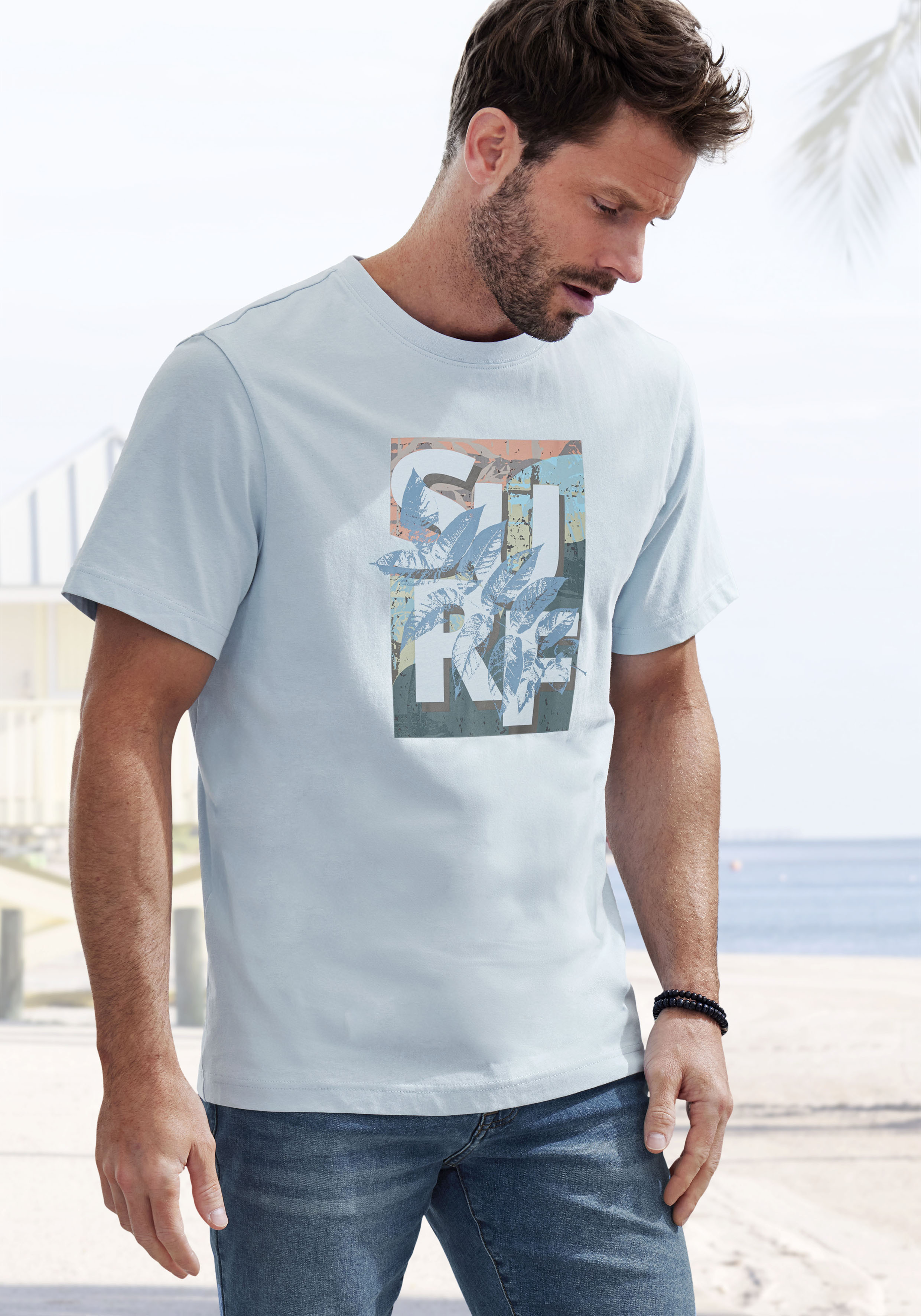 T-Shirt JOHN DEVIN, Herren, Gr. M (48/50), blau (hellblau), Jersey, Obermaterial: 100% Baumwolle, bedruckt, regular fit normal, Rundhals, abgesteppte Kante, Shirts T-Shirt, Rundhalsshirt mit Surf -Aufdruck aus reiner Baumwolle