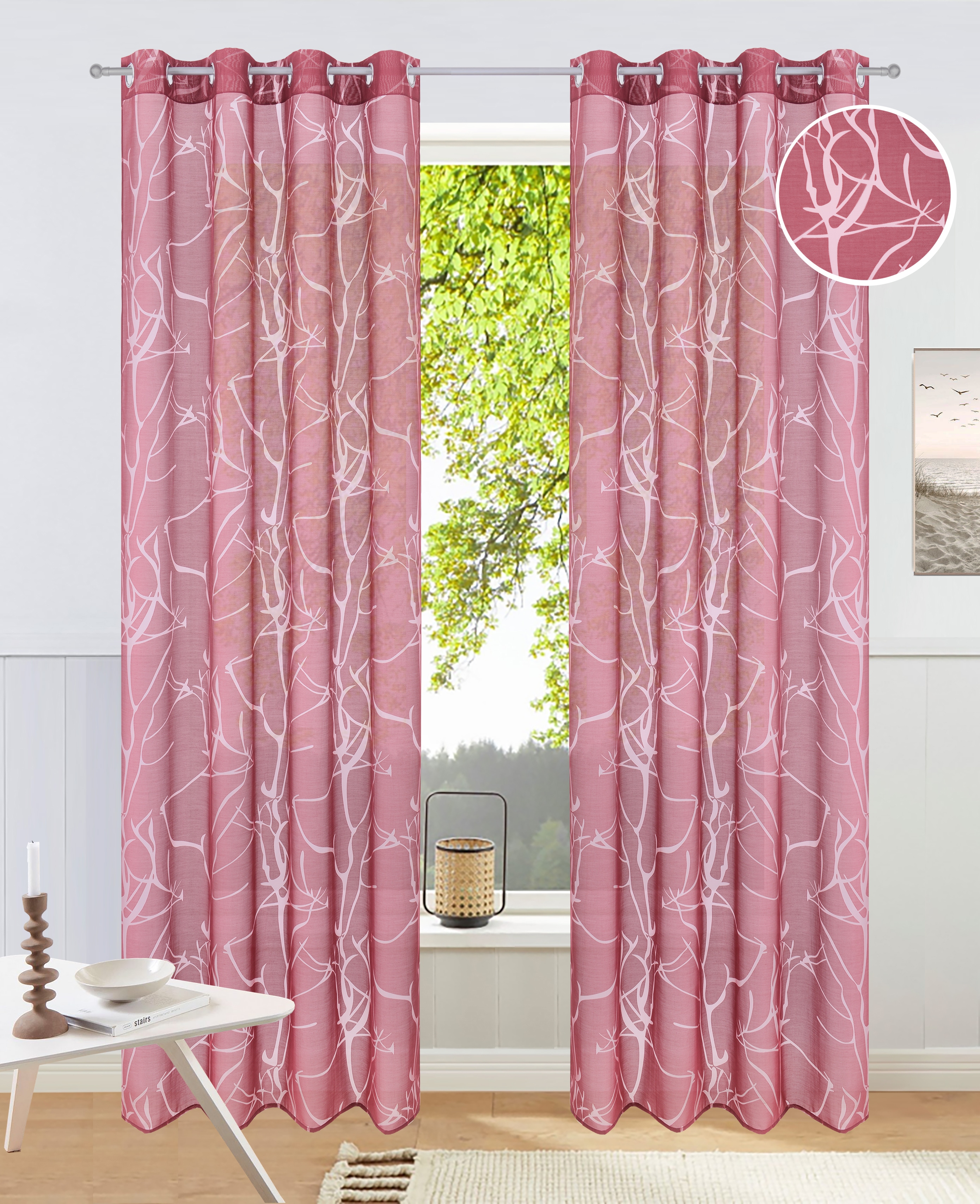 Gardine OTTO HOME "Anna" Gr. 2, rot (bordeaux), B:140cm H:175cm, Ausbrenner, Polyester, Viskose, Gardinen, Gardine, Bestseller, Äste-Motiv, Viskose, Polyester Image