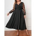 Damen Übergröße Kurve Casual kleid Schaukelkleid A Linie Kleid Feste Farbe kleid lang Langarm Spitze Patchwork V Ausschnitt Modisch Outdoor Schwarz Herbst XL 2XL 3XL 4XL