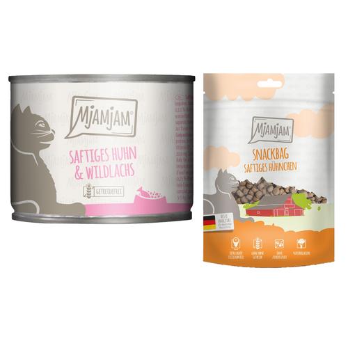 MjAMjAM Kombi-Paket: 12x 200g saftiges Huhn und Wildlachs Nassfutter + 3x 125g Snackbag saftiges...