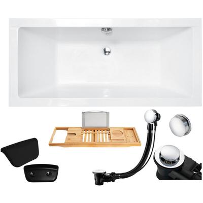 Badewanne Rechteck 180x80 + Kopfstütze + Bambus Ablage, Ablauf & Füße gratis - Komplettset 5in1