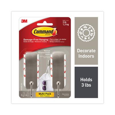 Command Decorative Hooks, Medium, Brushed Nickel, 2 Hook and 4 Strips/Pack (MMM17034BN2ES)