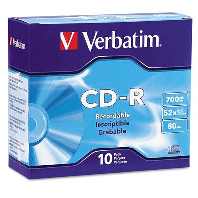 Verbatim CD-R Discs, 700MB/80min, 52x, w/Slim Jewel Cases, Silver, 10/Pack (VER94935)