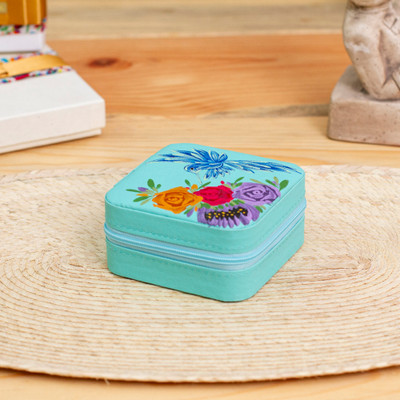 'Floral Hand-Painted Mint Green Faux Leather Jewelry Box'